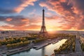 Eiffel Tower and Seine river at sunset, Paris, France, Aerial panoramic view of Paris with the Eiffel Tower during sunset in