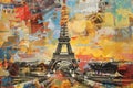 Eiffel Tower and the sights of Paris famous landmarks collage. Abstract vintage classic modern art on paper. Royalty Free Stock Photo