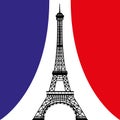 Eiffel tower silhouette in front of french tricolor flag curtains. Emblem of Paris, capital city of France. Europe. Vector illustr Royalty Free Stock Photo