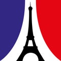 Eiffel tower silhouette in front of french tricolor flag curtains. Emblem of Paris, capital city of France. Europe. Vector illustr