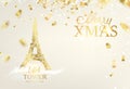 Eiffel tower silhouette with Golden confetti falls over gray background and sign Merry Xmas.