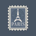 Eiffel Tower silhouette on postage stamp of France. Symbol of Paris city. Original design with famous landmark of Europe