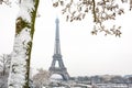 The Eiffel tower on a snowy day in Paris, France Royalty Free Stock Photo