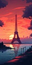 Sunset Illustration Of Eiffel Tower: Bold, Clean Lines And Exotic Landscapes Royalty Free Stock Photo