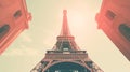 Retro Vintage Sunset: Eiffel Tower With Building In Wpa Style