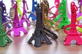 Eiffel tower statue. Paris tourism illustration. Beautiful metallic plastic souvenir statue. Colorful illustration of