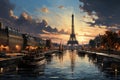 Eiffel Tower at sunset, Paris, France. Panoramic view AI generated Generative AI