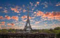 Eiffel Tower at Sunset in Paris, France. Romantic Travel Background. Amazing Panorama of Paris with Eiffel Tower Included Royalty Free Stock Photo