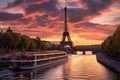 Eiffel Tower at sunset in Paris, France. View from Seine river, The Eiffel Tower and the Seine river at sunset, AI Generated