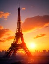 The Eiffel Tower at Sunset,Silhouetted against the radiant backdrop of the evening sky,AI generated