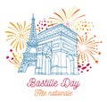 Eiffel tower, Triumphal arch and fireworks. Bastille Day design template. Title in French National