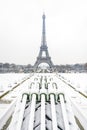 The Eiffel tower and Trocadero fountain on a snowy day in Paris, France Royalty Free Stock Photo