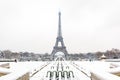 The Eiffel tower and Trocadero fountain on a snowy day in Paris, France Royalty Free Stock Photo