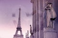 Eiffel tower from Trocadero, Paris, with view through wet glass window. (Retro style)