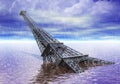 Eiffel Tower Paris France Under Water Flood And Climate Changes Concept.