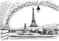 Eiffel tower view from Bir-Hakeim bridge Vector sketch, landmark of Paris, Hand drawn illustration