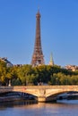 Eiffel tower view from the Pont Alexandre III bridge over the Seine river, Paris. France Royalty Free Stock Photo