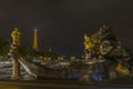 Eiffel Tower view and a statue from Pont Alexandre III at night Royalty Free Stock Photo