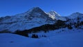 Eiger north face in winter. Famous mountains Eiger, Monch and Jungfrau.