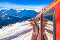 Eigergletscher alpine railway to Jungrafujoch peak view from train Royalty Free Stock Photo
