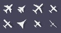 Eight aircraft of different types. Passenger and military. Jet and propeller. Flat vector illustration isolated on dark