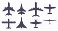 Eight aircraft of different types. Passenger and military. Jet and propeller. Flat vector illustration isolated on white