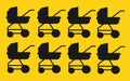 Eight baby pram stroller set against a yellow backdrop Royalty Free Stock Photo