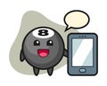 Eight ball billiard cartoon holding a smartphone