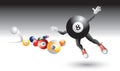 Eight ball character flying by billiard balls Royalty Free Stock Photo