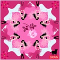 Eight beautiful girls dancing flamenco with translucent bird-shaped shawls, a huge pink rose, clematis flowers