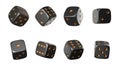 Eight black dice in half turn with different numbers on white background