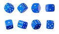 Eight blue dice with different numbers on white background