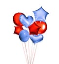 Eight blue and red balloons in the shapes of a ball, hearts and stars isolated on white background. 3D rendering