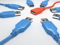 Eight blue usb connectors and one red Royalty Free Stock Photo