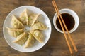 Eight boiled or fried jiaozi or gedza served with soy sauce.