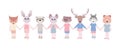 Eight children holding hands, with animal heads, isolated on white background Royalty Free Stock Photo