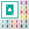Eight of clubs card flat color icons with quadrant frames