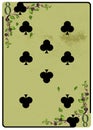 Eight of Clubs playing card. Unique hand drawn pocker card. One of 52 cards in french card deck, English or Anglo-American pattern