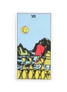 The Eight of Cups tarot card on white background, top view
