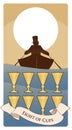 Eight of cups. Tarot cards. Boat silhouette on the waves, in which a man with a hat is rowing, moving away on the horizon.