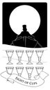 Eight of cups. Tarot cards. Boat silhouette on the waves, in which a man with a hat is rowing, moving away on the horizon.