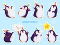 Eight cute penguin characters in different poses and birthday caps. Happy Birthday greetings. Pre-made stickers. Vector