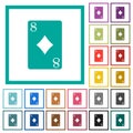 Eight of diamonds card flat color icons with quadrant frames