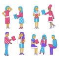 Eight diverse businesswomen characters in different poses with notebooks. Office workers, professional attire, meeting