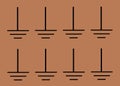 Eight duplicates of the electrical electronic symbol of the earth ground grounding brown backdrop