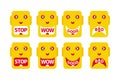 Eight emoticons with different emotions and inscriptions that correspond to emotions: Stop, Wow, Good, Bad. Royalty Free Stock Photo
