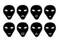 Eight face icons of a stylized man, an alien from a UFO with various emotions.