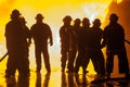 Eight firefighters during fire fighting exercise