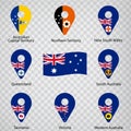 Eight flags the States of Australia - alphabetical order with name. Set of 2d geolocation signs like flags States of Australia.