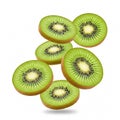 Eight flying kiwi halves isolated on white background Royalty Free Stock Photo